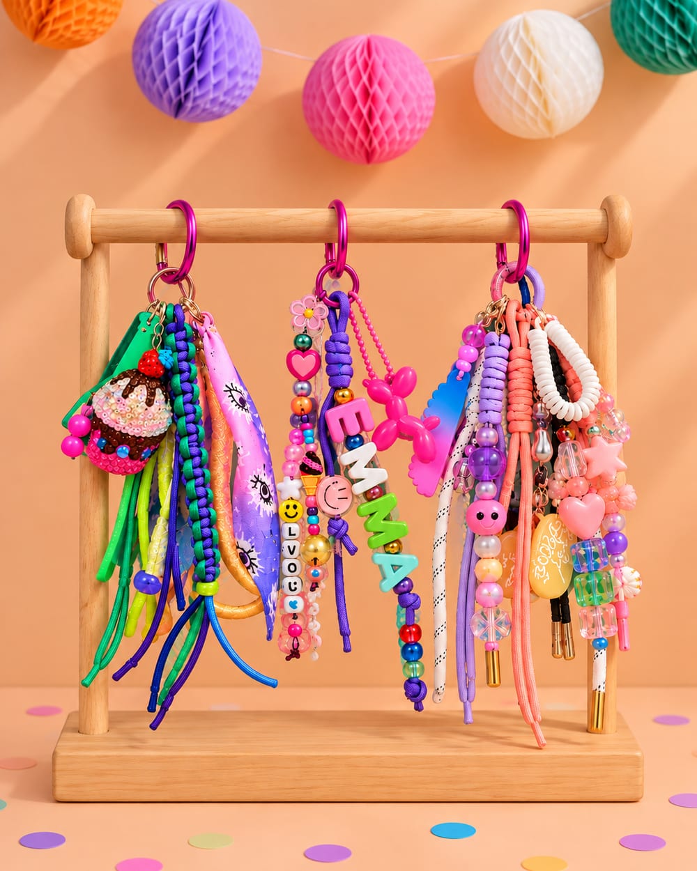 Bag charms met de naam EMMA en een ballonhond aan een houten standaard