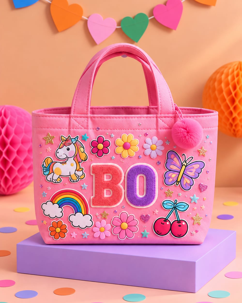 Roze mini tote met de naam BO in letterpatches, een unicorn, regenboog, vlinder en kersen, met een hartjesslinger en confetti